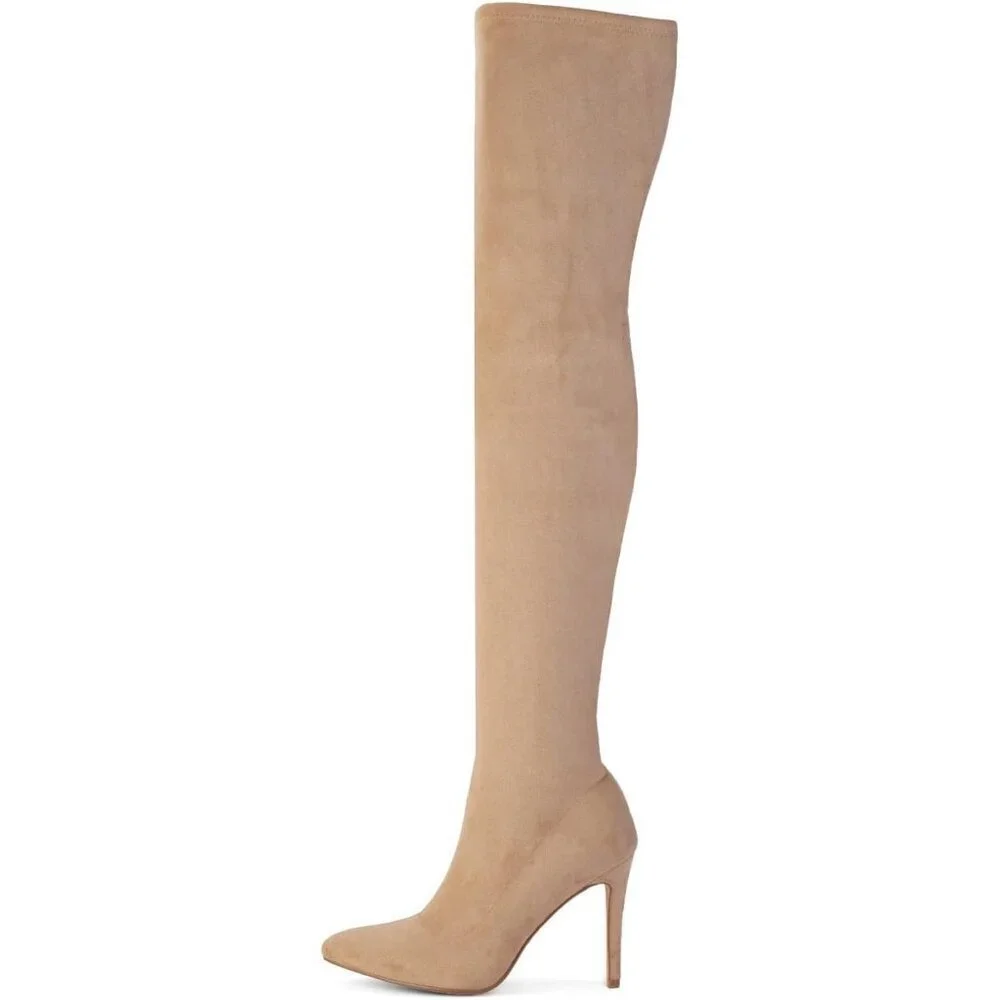 Women Khaki Suede Over The Knee High Stretchy Leather Thigh High Snow Boots